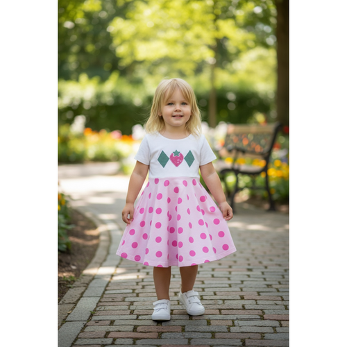 Child wearing a custom pink polka dot twirl dress with strawberry applique in a garden